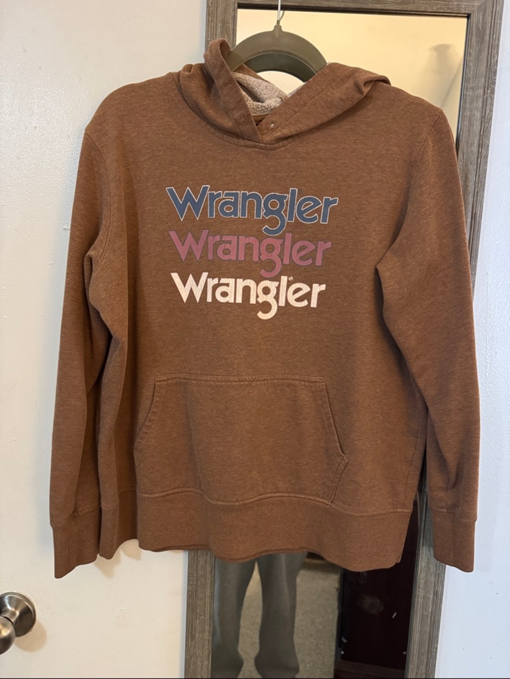 EUC women’s Wrangler Brown Hoodie with Multicolor Logo